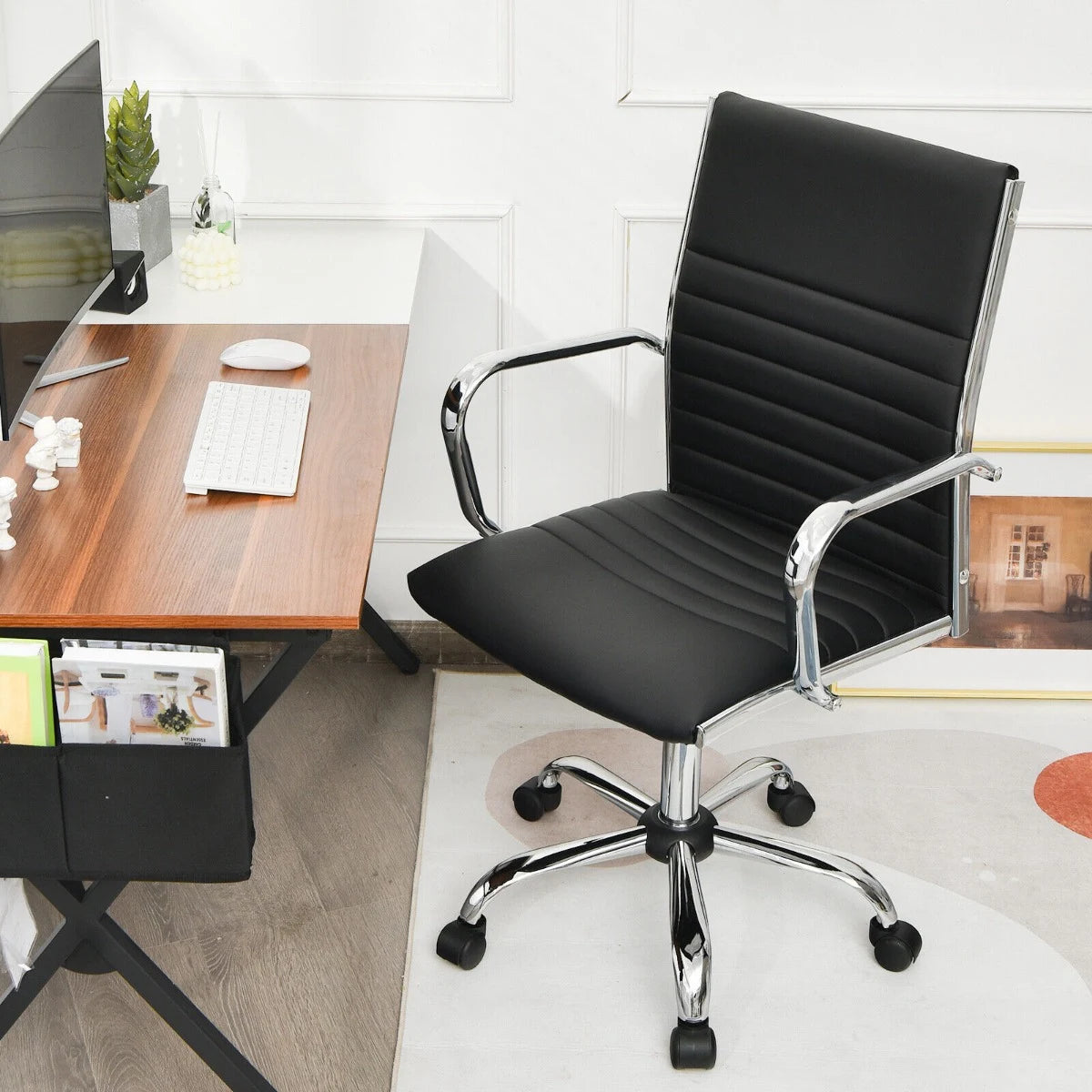 PU Leather Office Chair High Back Conference Task Chair with Armrests-Black