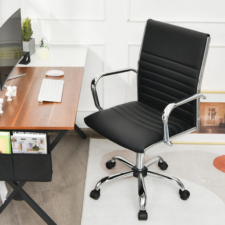 PU Leather Office Chair High Back Conference Task Chair with Armrests-Black