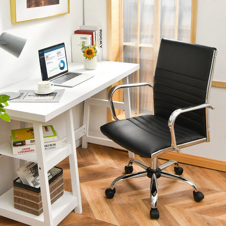 PU Leather Office Chair High Back Conference Task Chair with Armrests-Black