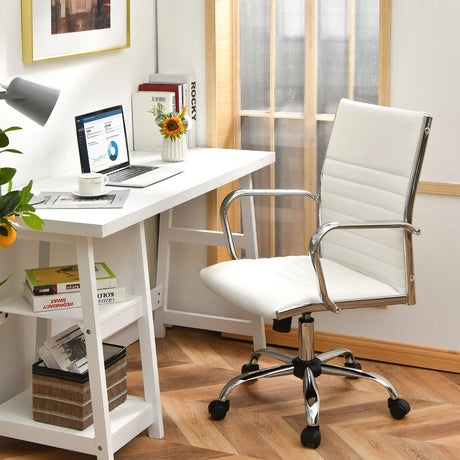 PU Leather Office Chair High Back Conference Task Chair with Armrests-White