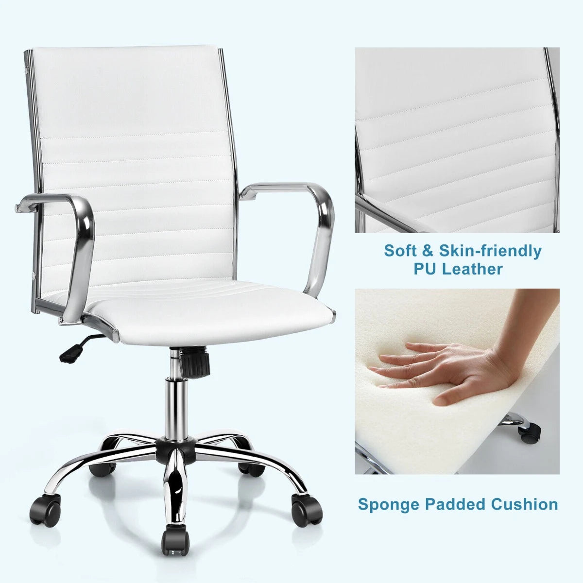 PU Leather Office Chair High Back Conference Task Chair with Armrests-White