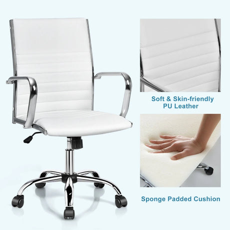 PU Leather Office Chair High Back Conference Task Chair with Armrests-White