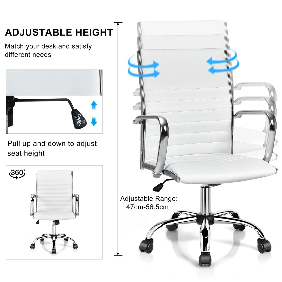 PU Leather Office Chair High Back Conference Task Chair with Armrests-White