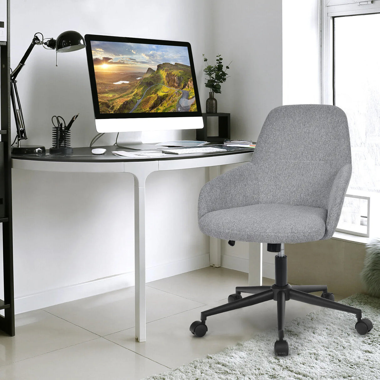 Linen Accent Adjustable Rolling Swivel Home Office Chair with Armrest-Gray