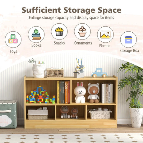 Kids 2-Shelf Bookcase 5-Cube Wood Toy Storage Cabinet Organizer-Beige
