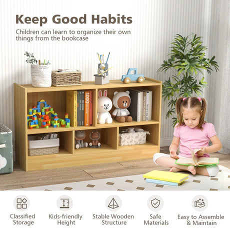 Kids 2-Shelf Bookcase 5-Cube Wood Toy Storage Cabinet Organizer-Beige