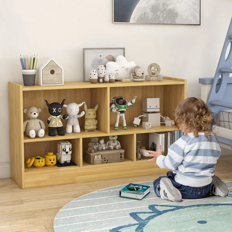 Kids 2-Shelf Bookcase 5-Cube Wood Toy Storage Cabinet Organizer-Beige