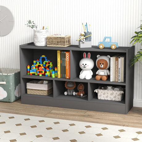 Kids 2-Shelf Bookcase 5-Cube Wood Toy Storage Cabinet Organizer-Gray