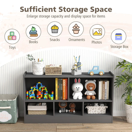 Kids 2-Shelf Bookcase 5-Cube Wood Toy Storage Cabinet Organizer-Gray
