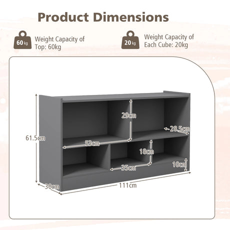Kids 2-Shelf Bookcase 5-Cube Wood Toy Storage Cabinet Organizer-Gray