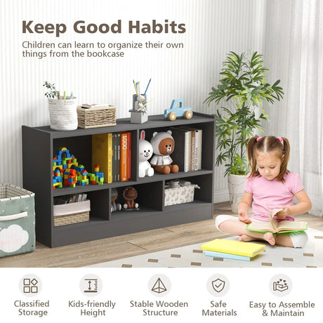 Kids 2-Shelf Bookcase 5-Cube Wood Toy Storage Cabinet Organizer-Gray
