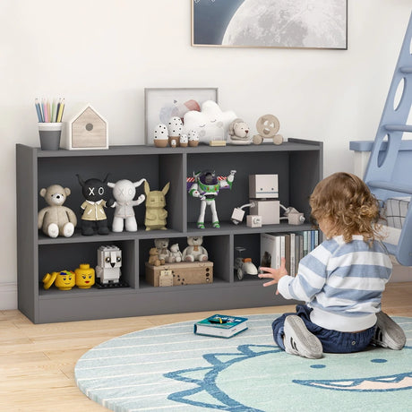 Kids 2-Shelf Bookcase 5-Cube Wood Toy Storage Cabinet Organizer-Gray