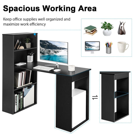 Modern 3-in-1 Wooden Computer Desk with 6-Tier Storage Bookshelves-Black