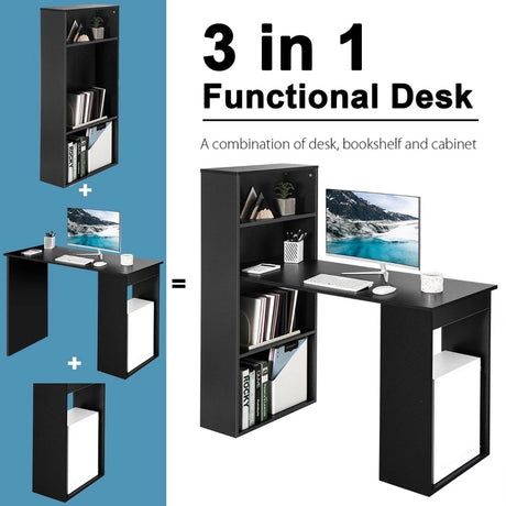 Modern 3-in-1 Wooden Computer Desk with 6-Tier Storage Bookshelves-Black