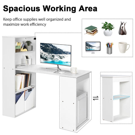 Modern 3-in-1 Wooden Computer Desk with 6-Tier Storage Bookshelves-White