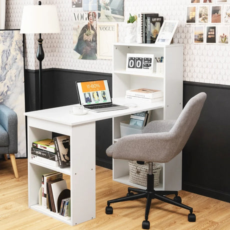 Modern 3-in-1 Wooden Computer Desk with 6-Tier Storage Bookshelves-White