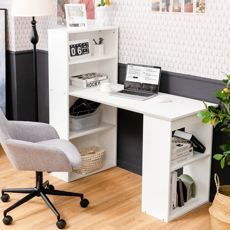 Modern 3-in-1 Wooden Computer Desk with 6-Tier Storage Bookshelves-White
