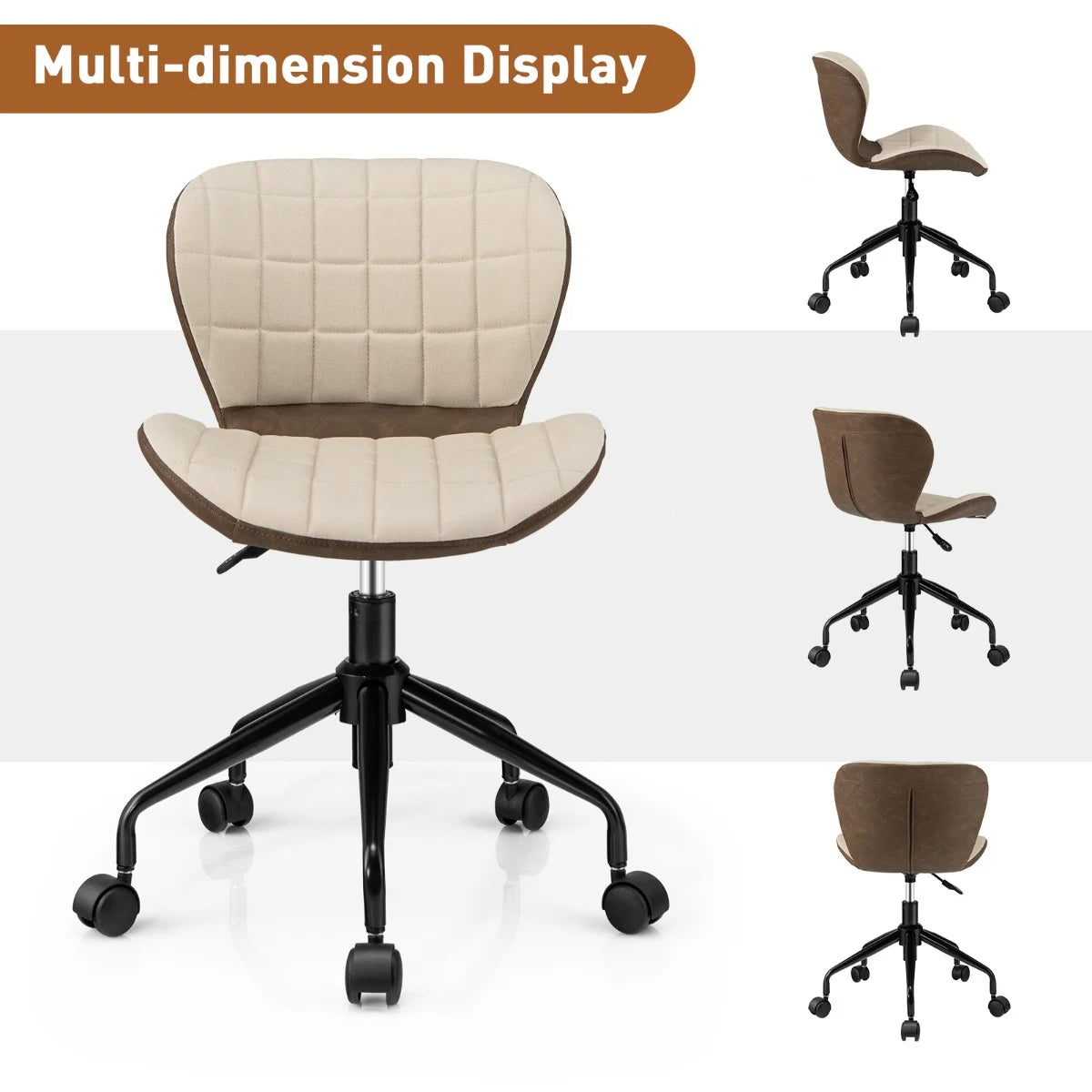 Swivel Leisure Chair with PU Leather for Study &amp; Office &amp; Vanity-Beige &amp; Brown
