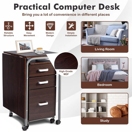 Folding Computer Laptop Desk Wheeled Home Office Furniture-Brown