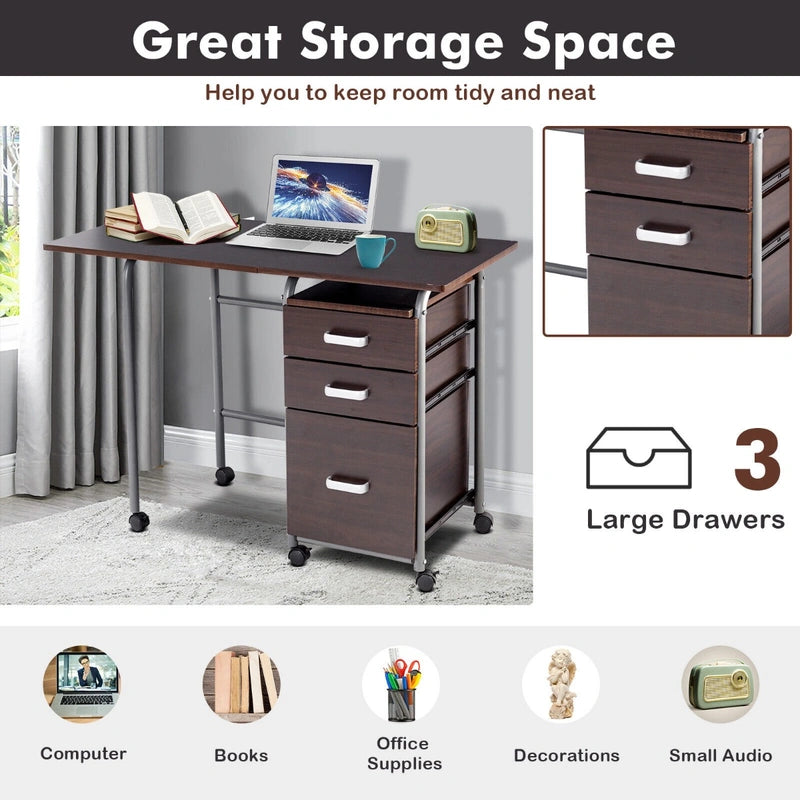 Folding Computer Laptop Desk Wheeled Home Office Furniture-Brown