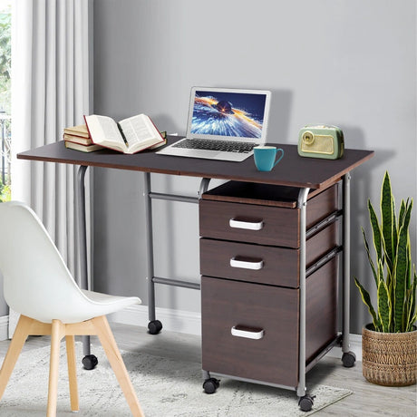Folding Computer Laptop Desk Wheeled Home Office Furniture-Brown