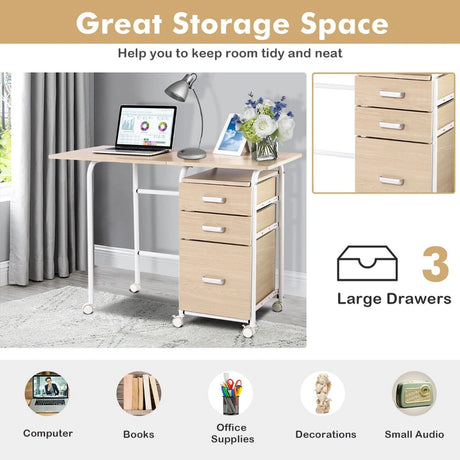 Folding Computer Laptop Desk Wheeled Home Office Furniture-Natural