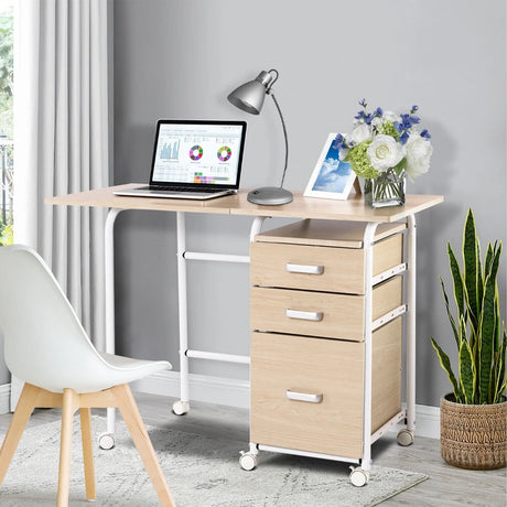Folding Computer Laptop Desk Wheeled Home Office Furniture-Natural