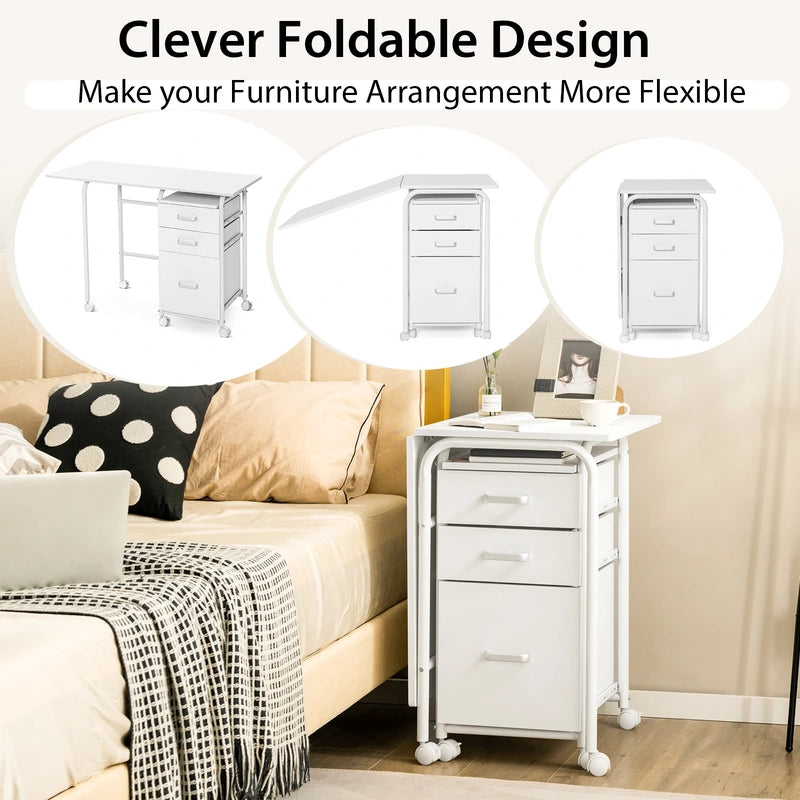 Home Office Folding Computer Laptop Desk Wheeled with 3 Drawers-White