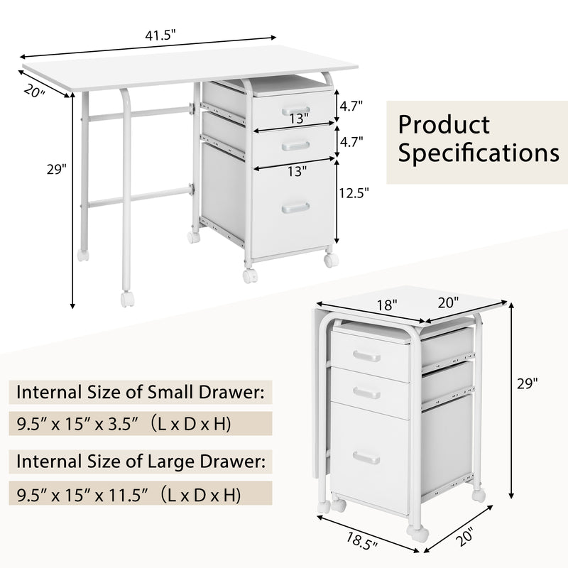 Home Office Folding Computer Laptop Desk Wheeled with 3 Drawers-White