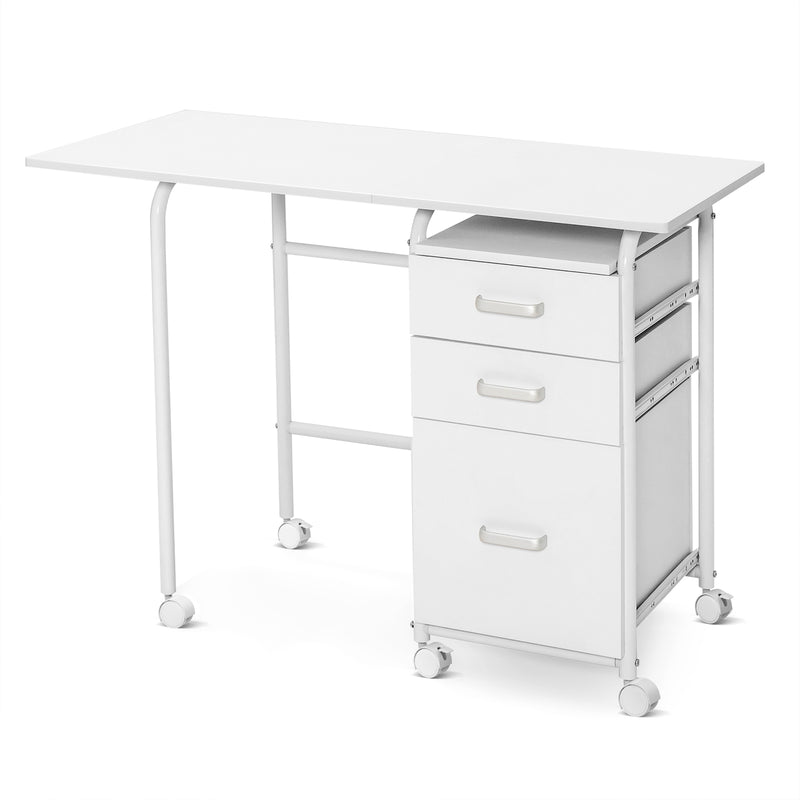 Home Office Folding Computer Laptop Desk Wheeled with 3 Drawers-White
