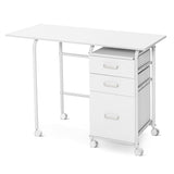 Home Office Folding Computer Laptop Desk Wheeled with 3 Drawers-White