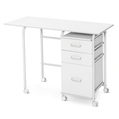 Home Office Folding Computer Laptop Desk Wheeled with 3 Drawers-White