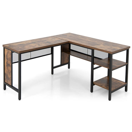 L-shaped Office Desk with Open Shelf &amp; 2-Tier Side Shelves-Coffee