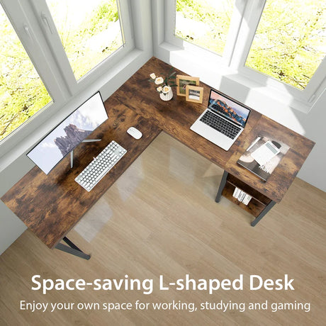 L-shaped Office Desk with Open Shelf &amp; 2-Tier Side Shelves-Coffee