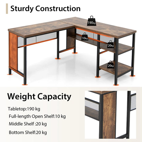 L-shaped Office Desk with Open Shelf &amp; 2-Tier Side Shelves-Coffee