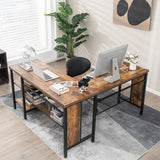 L-shaped Office Desk with Open Shelf &amp; 2-Tier Side Shelves-Coffee