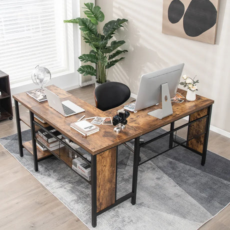 L-shaped Office Desk with Open Shelf &amp; 2-Tier Side Shelves-Coffee