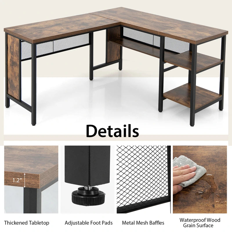 L-shaped Office Desk with Open Shelf &amp; 2-Tier Side Shelves-Coffee