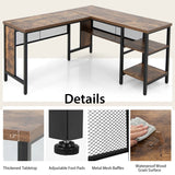 L-shaped Office Desk with Open Shelf &amp; 2-Tier Side Shelves-Coffee