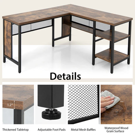 L-shaped Office Desk with Open Shelf &amp; 2-Tier Side Shelves-Coffee