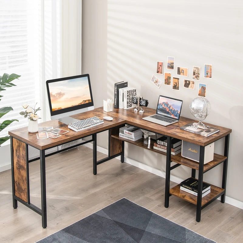 L-shaped Office Desk with Open Shelf &amp; 2-Tier Side Shelves-Coffee