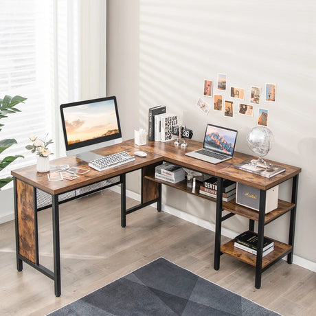 L-shaped Office Desk with Open Shelf &amp; 2-Tier Side Shelves-Coffee