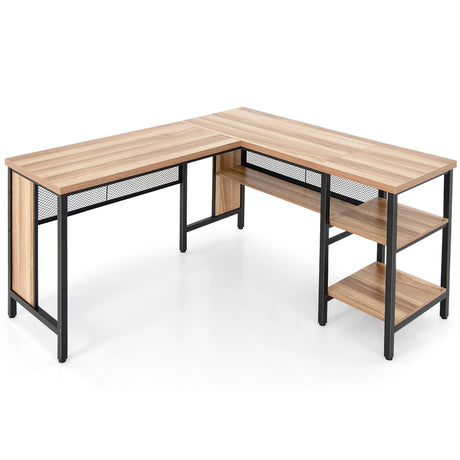 L-shaped Office Desk with Open Shelf &amp; 2-Tier Side Shelves-Natural