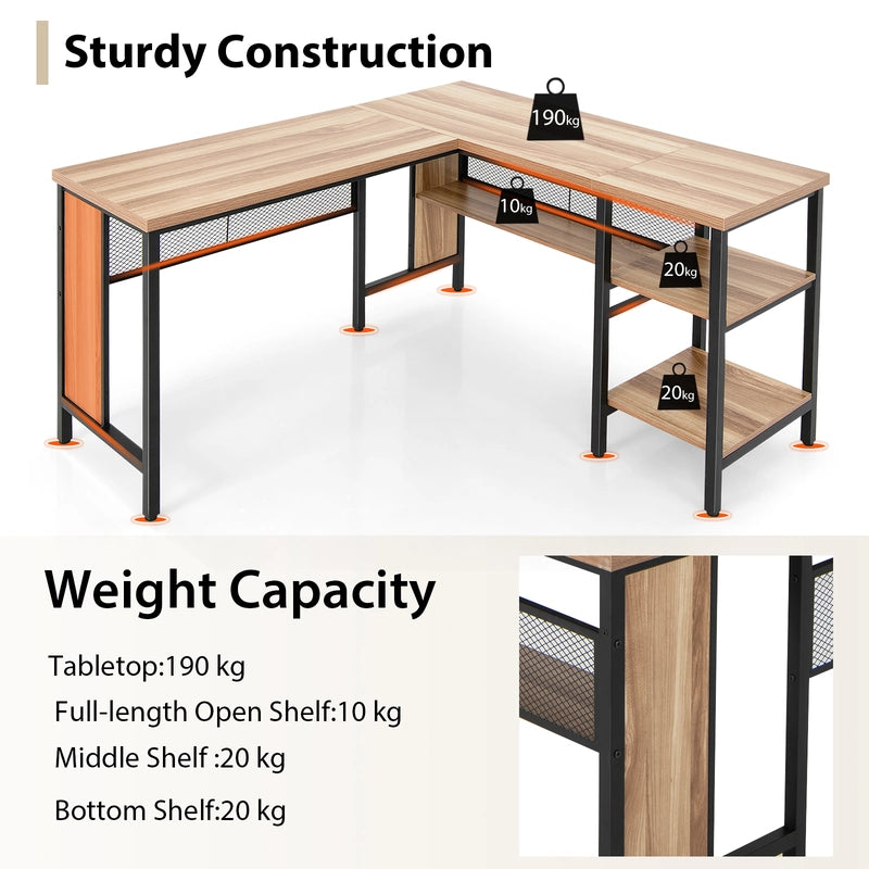 L-shaped Office Desk with Open Shelf &amp; 2-Tier Side Shelves-Natural