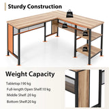 L-shaped Office Desk with Open Shelf &amp; 2-Tier Side Shelves-Natural