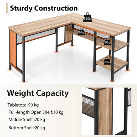 L-shaped Office Desk with Open Shelf &amp; 2-Tier Side Shelves-Natural