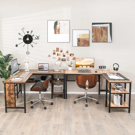 L-shaped Office Desk with Open Shelf &amp; 2-Tier Side Shelves-Natural