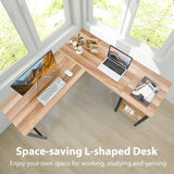 L-shaped Office Desk with Open Shelf &amp; 2-Tier Side Shelves-Natural