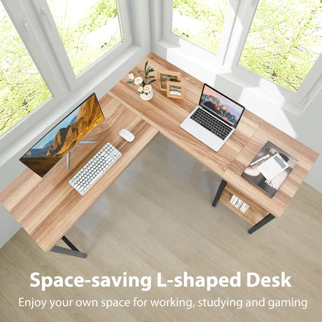 L-shaped Office Desk with Open Shelf &amp; 2-Tier Side Shelves-Natural
