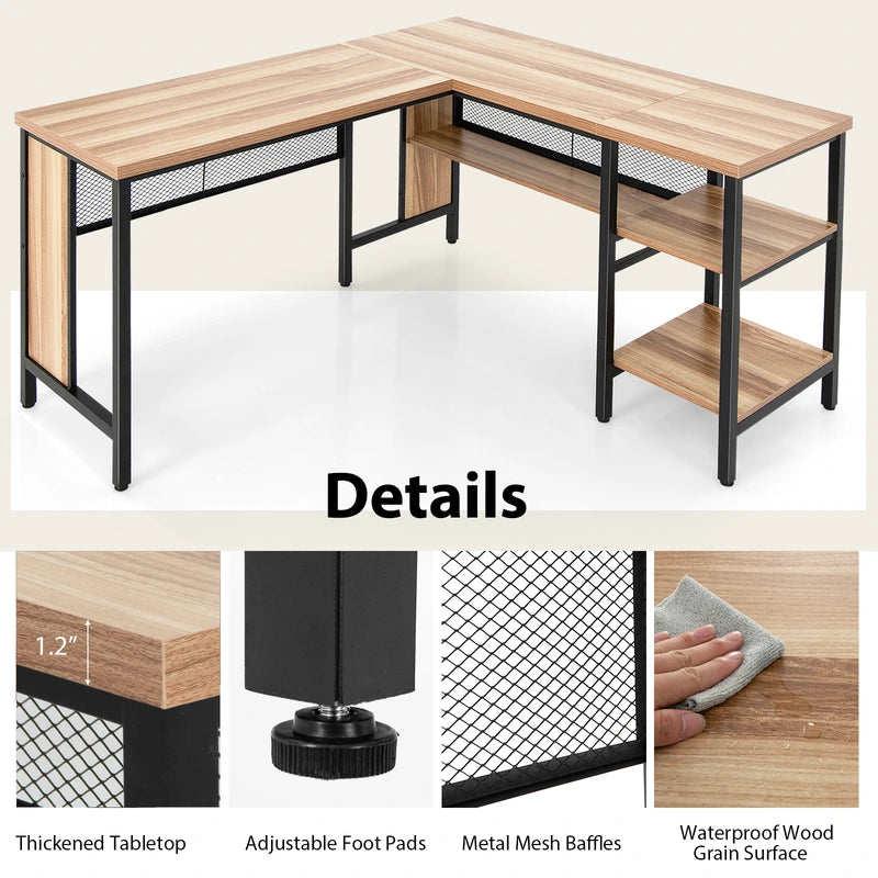 L-shaped Office Desk with Open Shelf &amp; 2-Tier Side Shelves-Natural